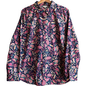 Talbots Paisley Floral Button Front Top 100% Cotton Long Sleeve Navy Pink XL